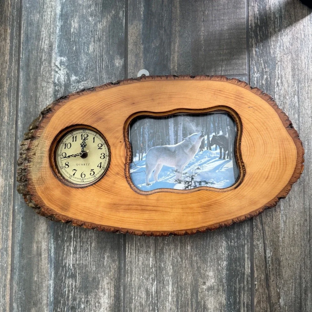 Vintage Rustic Live Edge Wood Slab Wall Clock Wolf Picture Frame Cabin Decor